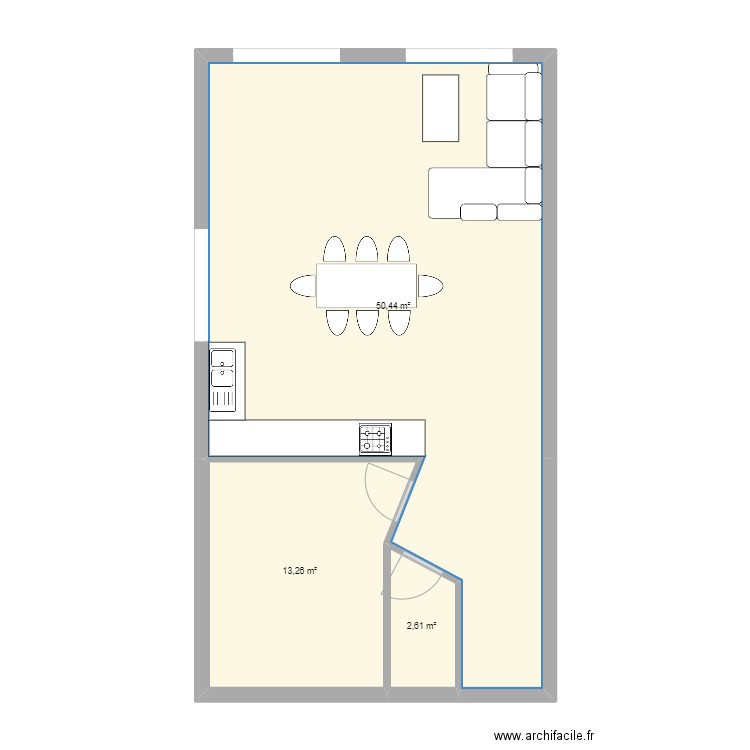 modif cuisine. Plan de 3 pièces et 66 m2