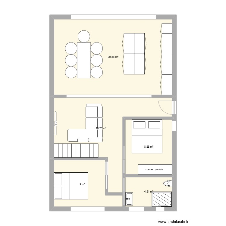 Oisquecrq. Plan de 5 pièces et 73 m2