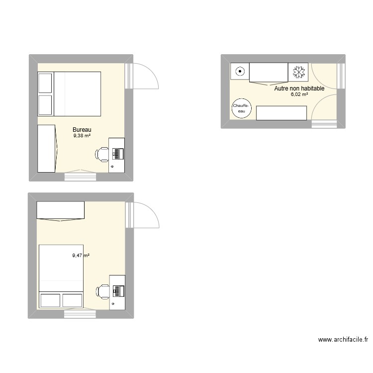 Essais aménagement bureau et buanderie. Plan de 3 pièces et 25 m2