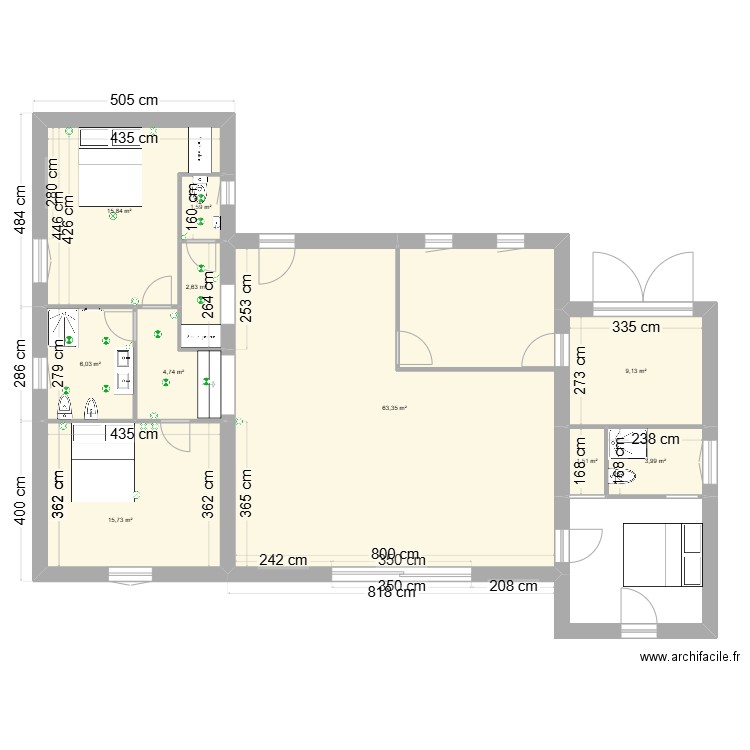 Monpazier eclairage. Plan de 10 pièces et 125 m2