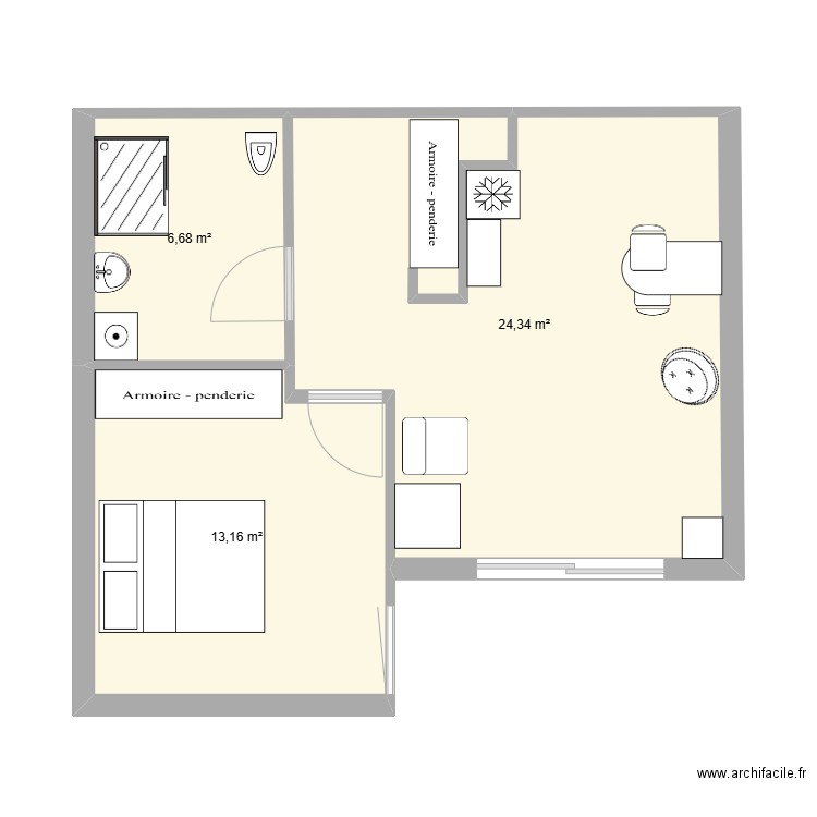 Arlette. Plan de 3 pièces et 44 m2