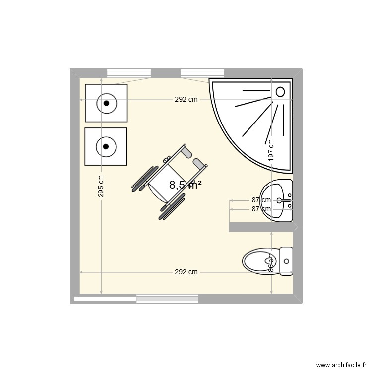 Barret après. Plan de 1 pièce et 9 m2