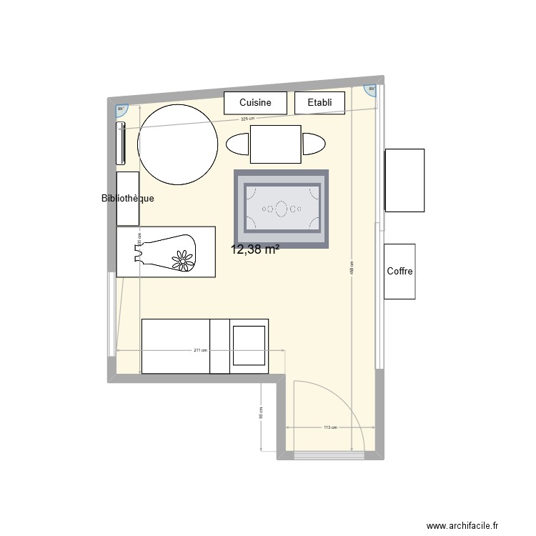 Grande chambre. Plan de 1 pièce et 12 m2