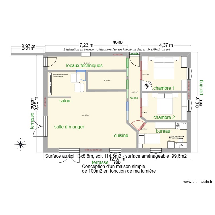 Maison Sud 100m2 04. Plan de 7 pièces et 94 m2