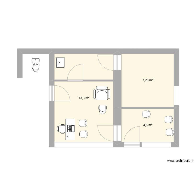 cabinet mauves. Plan de 3 pièces et 25 m2