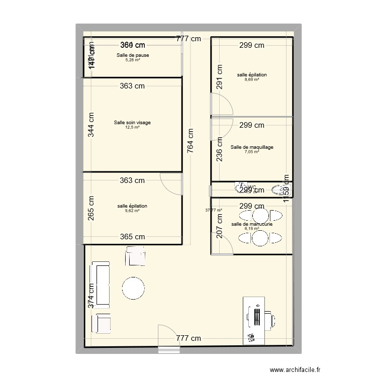 local institut. Plan de 8 pièces et 113 m2