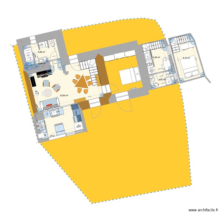 PRIEUX RDC studio en plus. Plan de 6 pièces et 58 m2