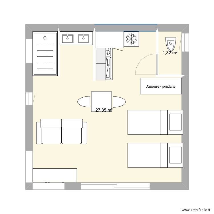 Petite ours avec placo et isolation. Plan de 2 pièces et 29 m2