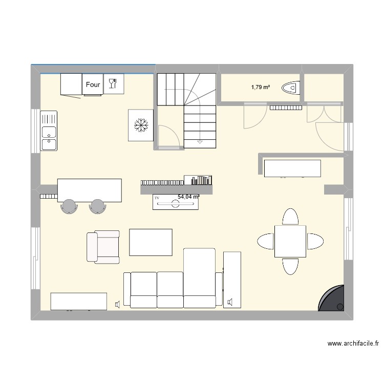 RdC Maison. Plan de 2 pièces et 56 m2