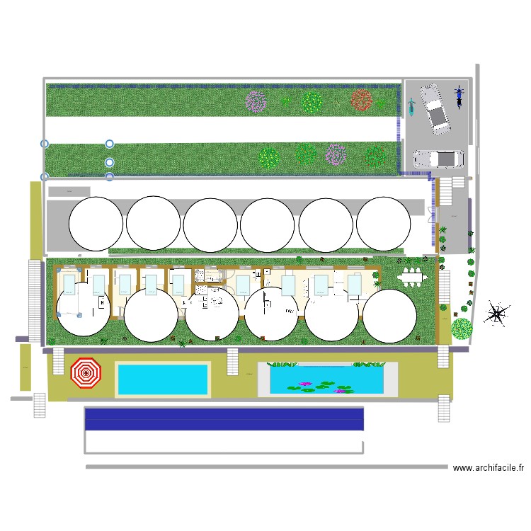 boite ossature bois 30x5m sous serre 6.5 x38m  -fenetres en toiture +isolation contre la chaleur piece technique atelier +abris pompe bassin. Plan de 11 pièces et 115 m2