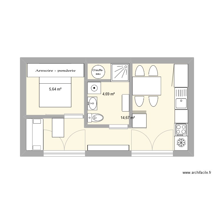 studio 30 m2. Plan de 3 pièces et 25 m2