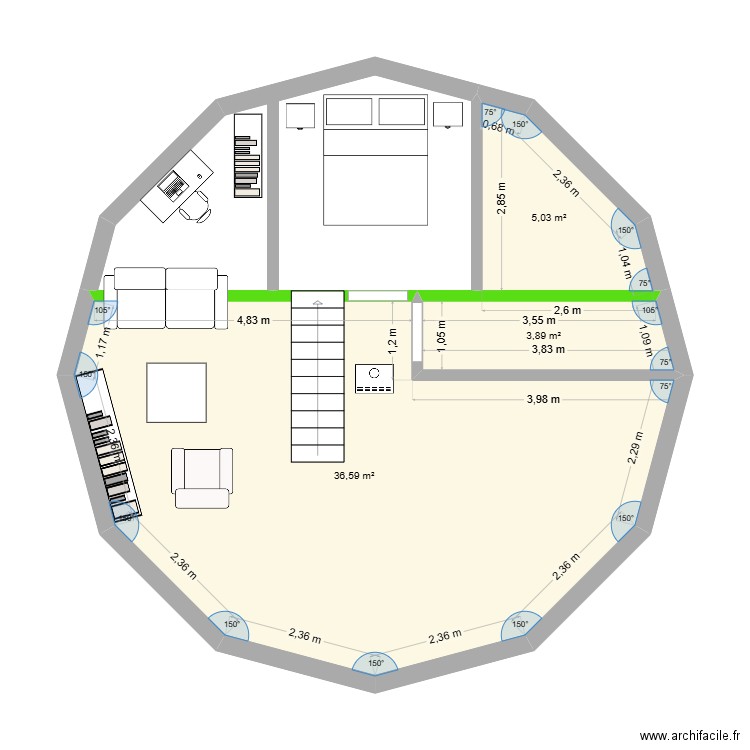 yourte 2. Plan de 3 pièces et 46 m2