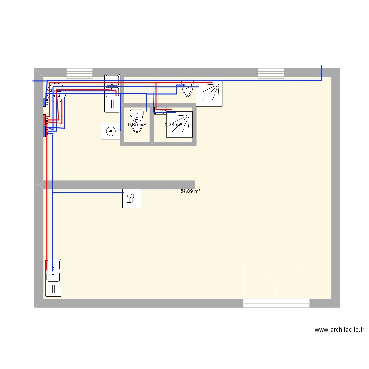 schema sanitaire. Plan de 3 pièces et 57 m2