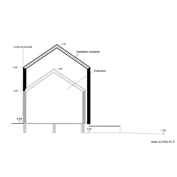 plan de coupe ouest projeté. Plan de 1 pièce et 19 m2