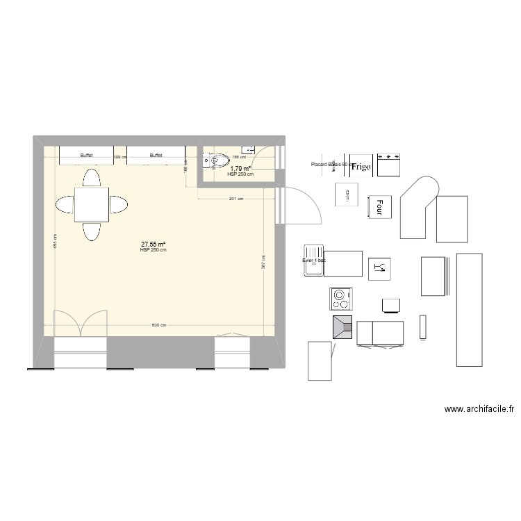 Cuisine 1820. Plan de 2 pièces et 29 m2