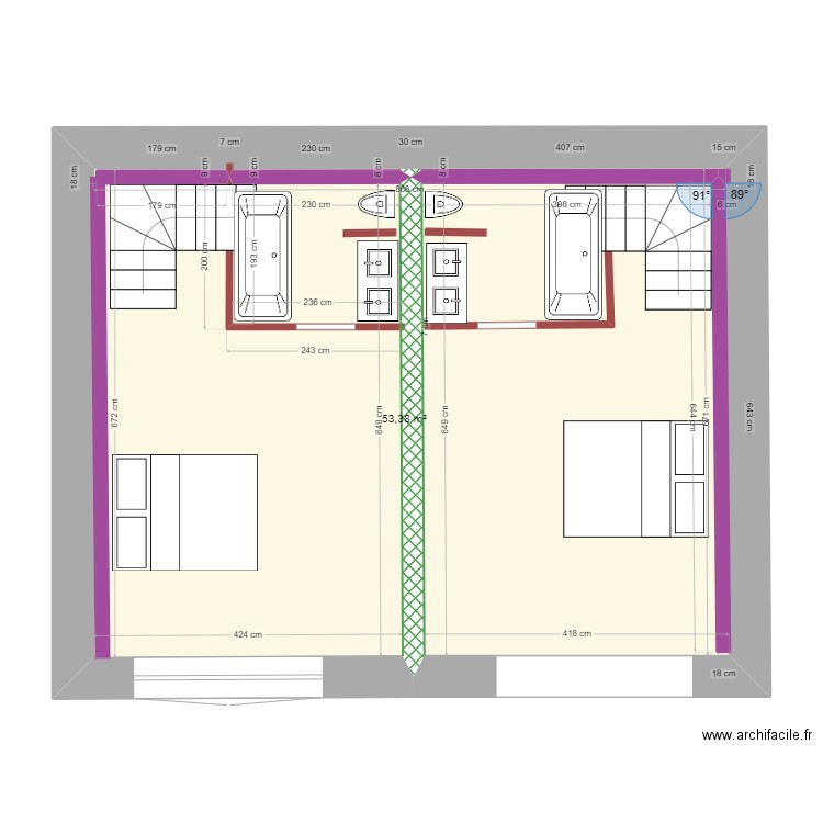 Plan étage avec garage. Plan de 1 pièce et 53 m2