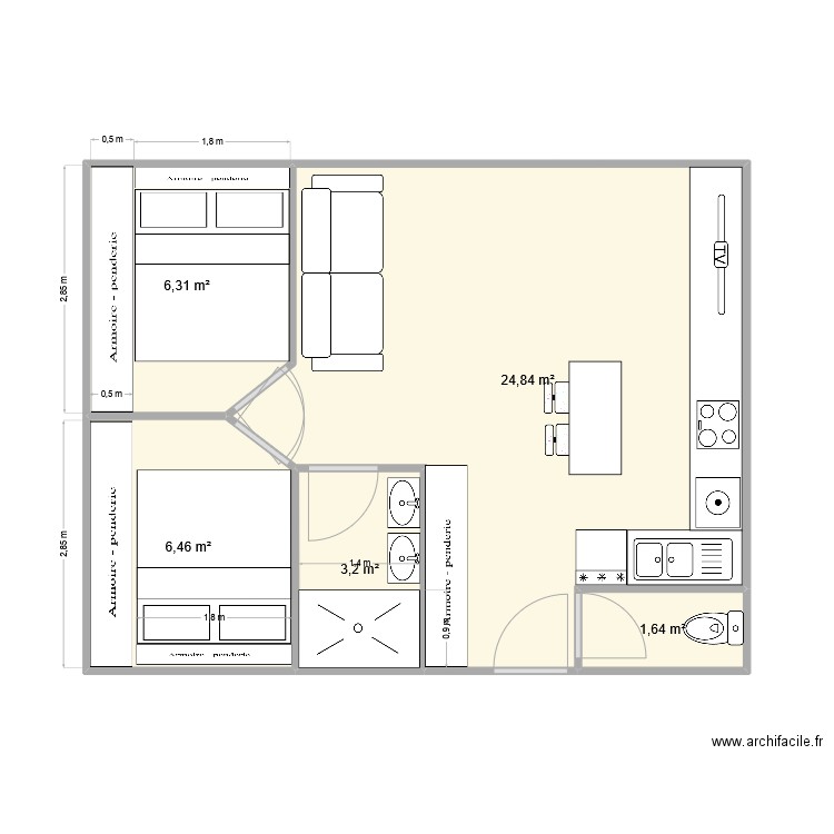 T3 40 m2. Plan de 5 pièces et 42 m2