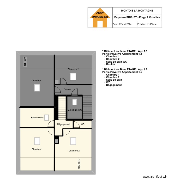 MONTOIS LA MONTAGNE - PROJET - ETAGE 2 COMBLES. Plan de 10 pièces et 144 m2