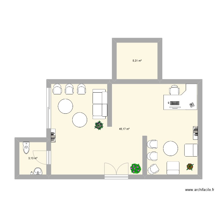 Accueil entreprise. Plan de 3 pièces et 54 m2