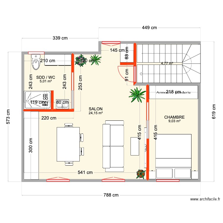 PLAN R+2 renové. Plan de 4 pièces et 43 m2