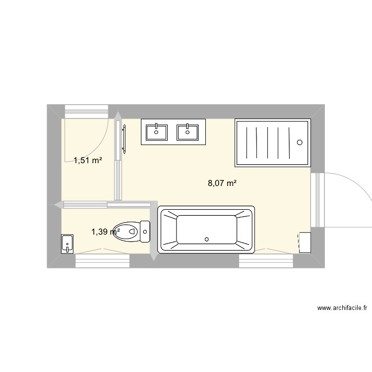 Sdb vide. Plan de 3 pièces et 11 m2