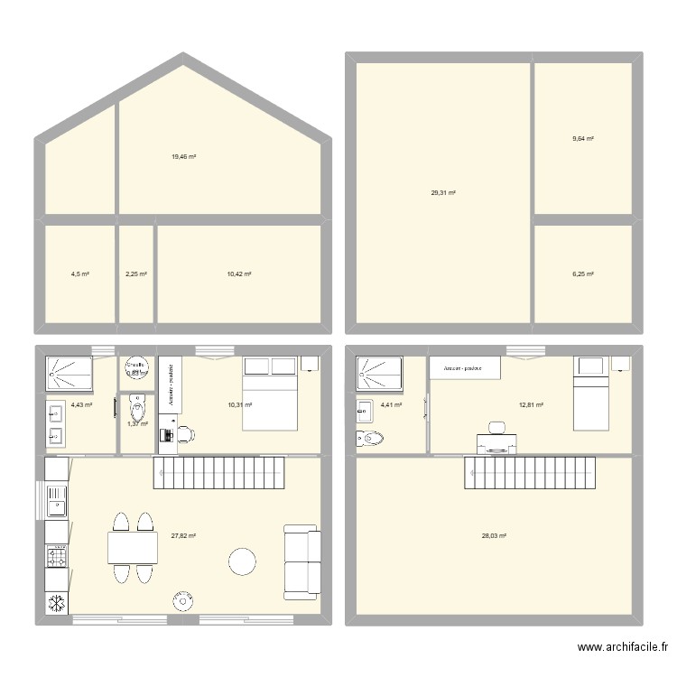 50m2. Plan de 15 pièces et 172 m2