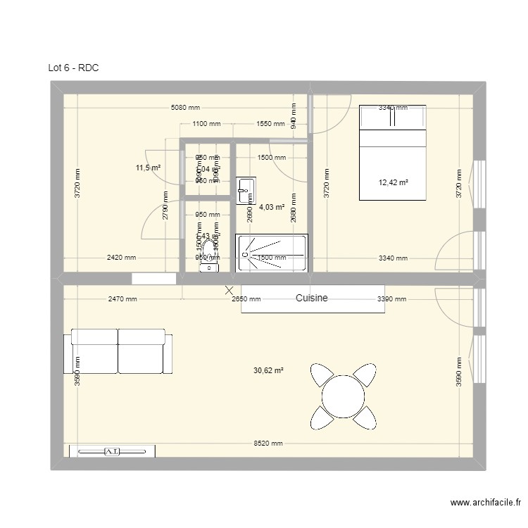 Lot 6 (RDC) - Lacretelle. Plan de 6 pièces et 61 m2