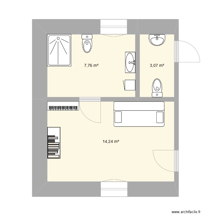 Chambre d'amis. Plan de 3 pièces et 25 m2