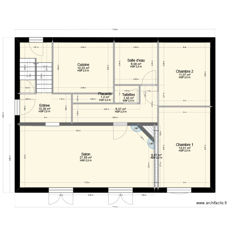 R+1. Plan de 11 pièces et 89 m2