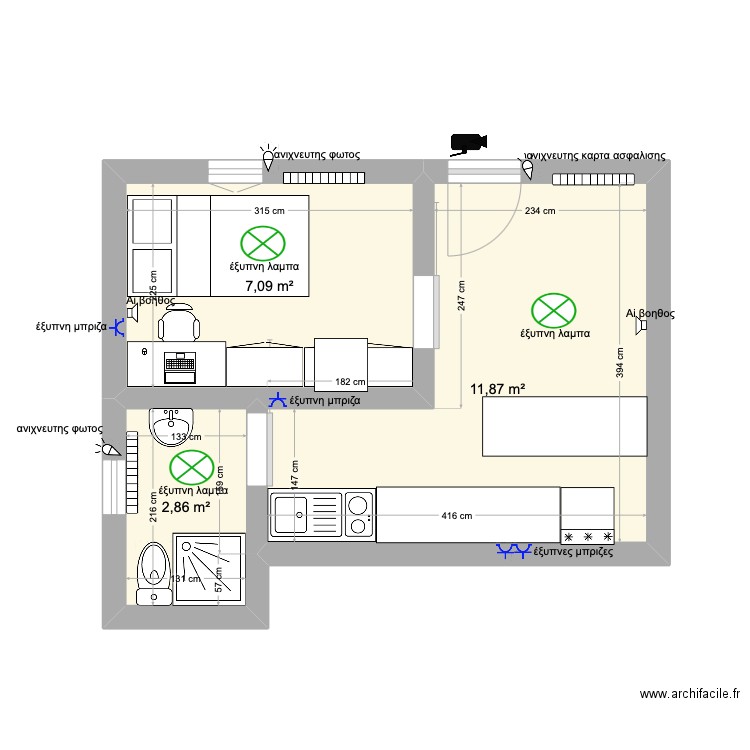 Εξηπνο σπητη . Plan de 3 pièces et 22 m2