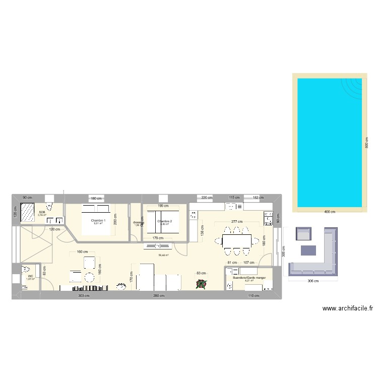 Grange Caux. Plan de 7 pièces et 88 m2