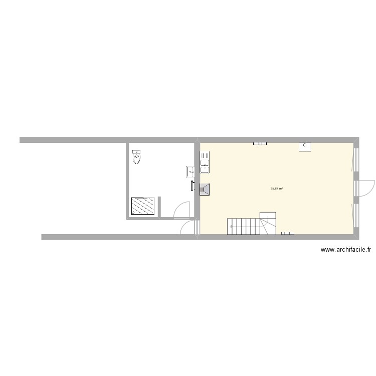 rdc. Plan de 1 pièce et 36 m2