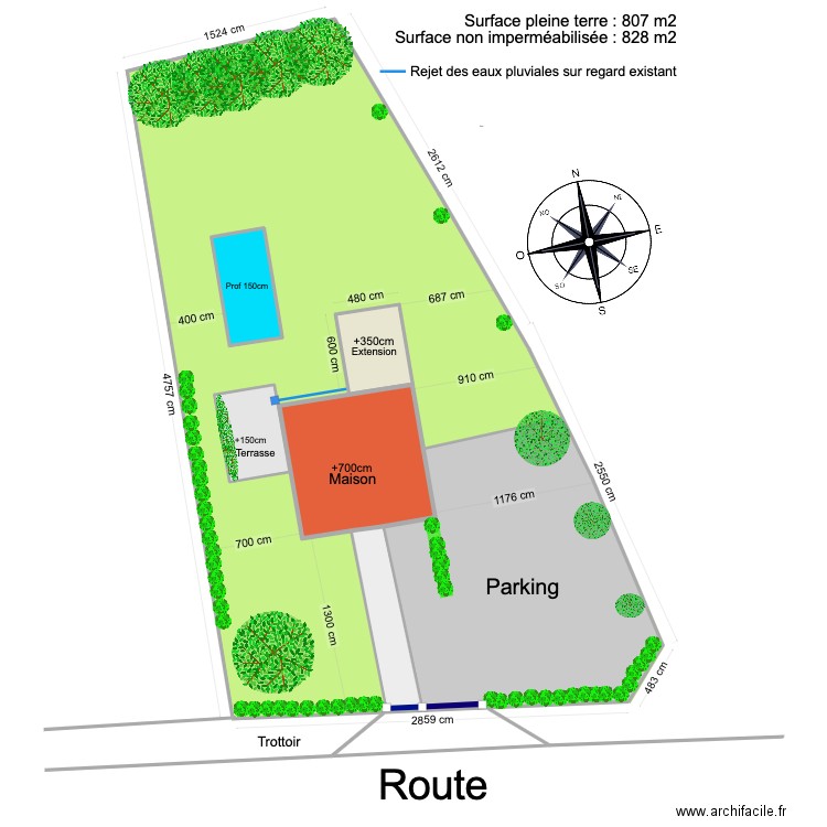 Plan de masse maison extension gestion des eaux pluviales. Plan de 6 pièces et 510 m2