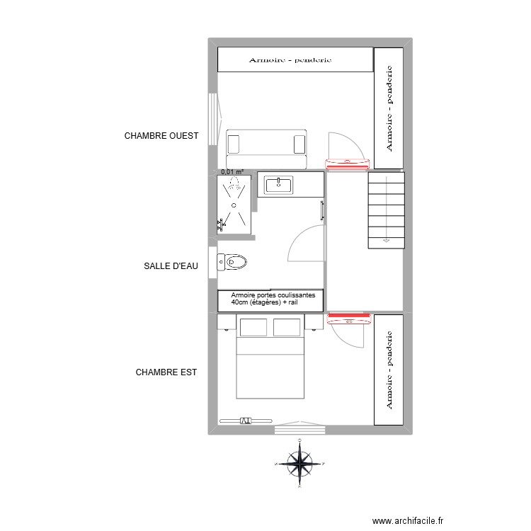 ETAGE AMENAGEMENT avec dressing. Plan de 4 pièces et 38 m2