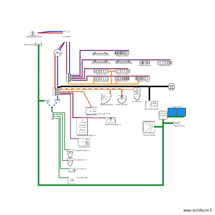 Reseau plomberie. Plan de 0 pièce et 0 m2