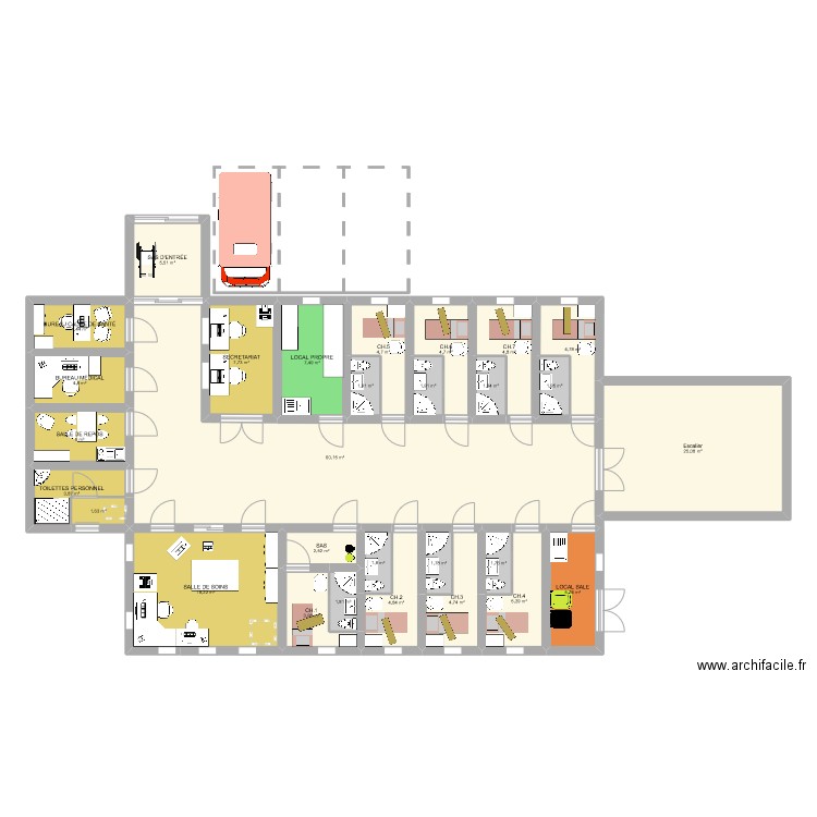 Hôpital de JDR. Plan de 29 pièces et 205 m2