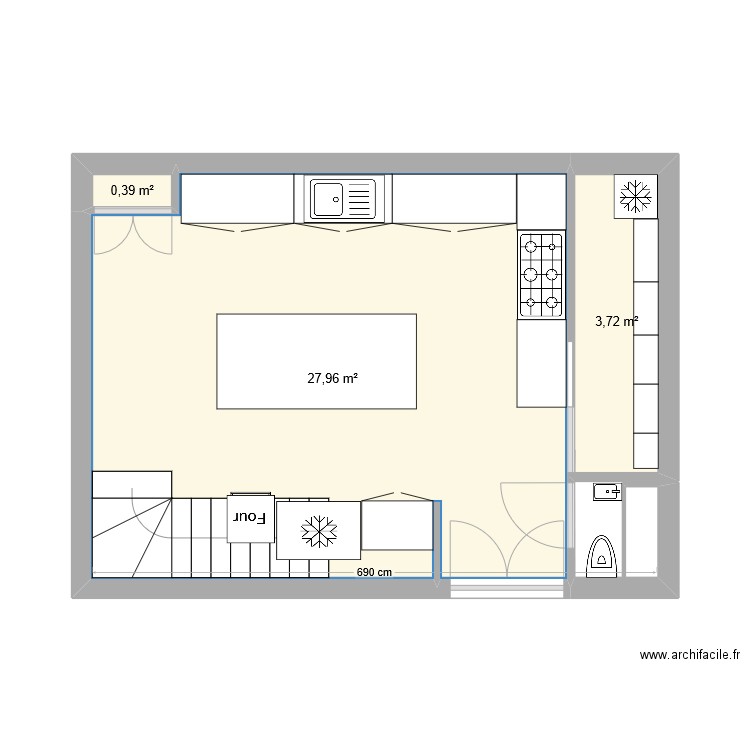 CUISINE PETITE MAISON. Plan de 3 pièces et 32 m2