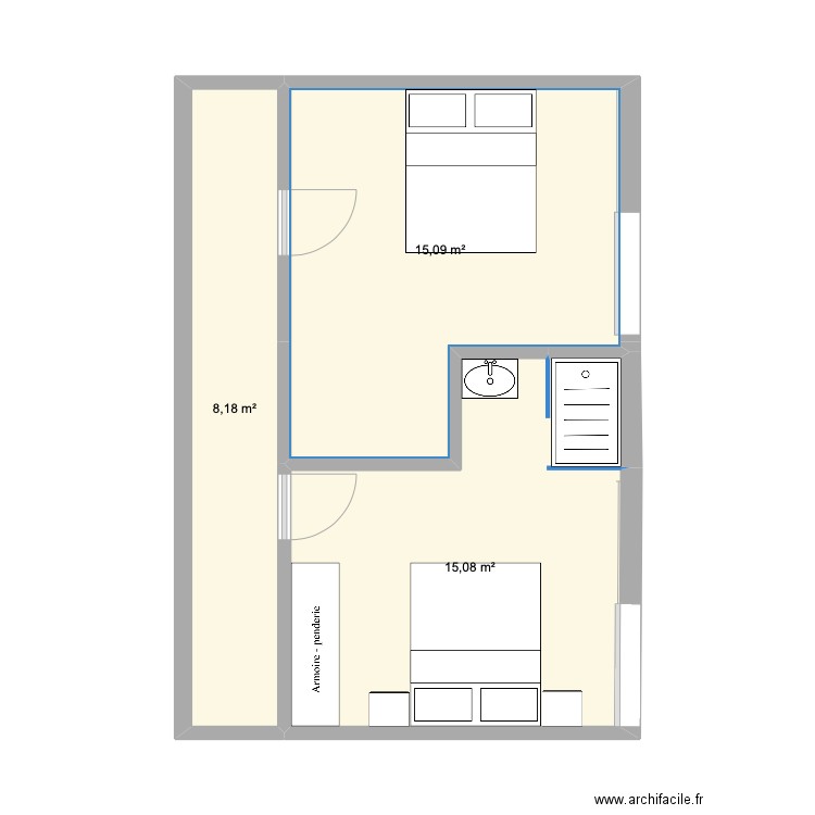 Chambre RDC Appart Bordeaux. Plan de 3 pièces et 38 m2