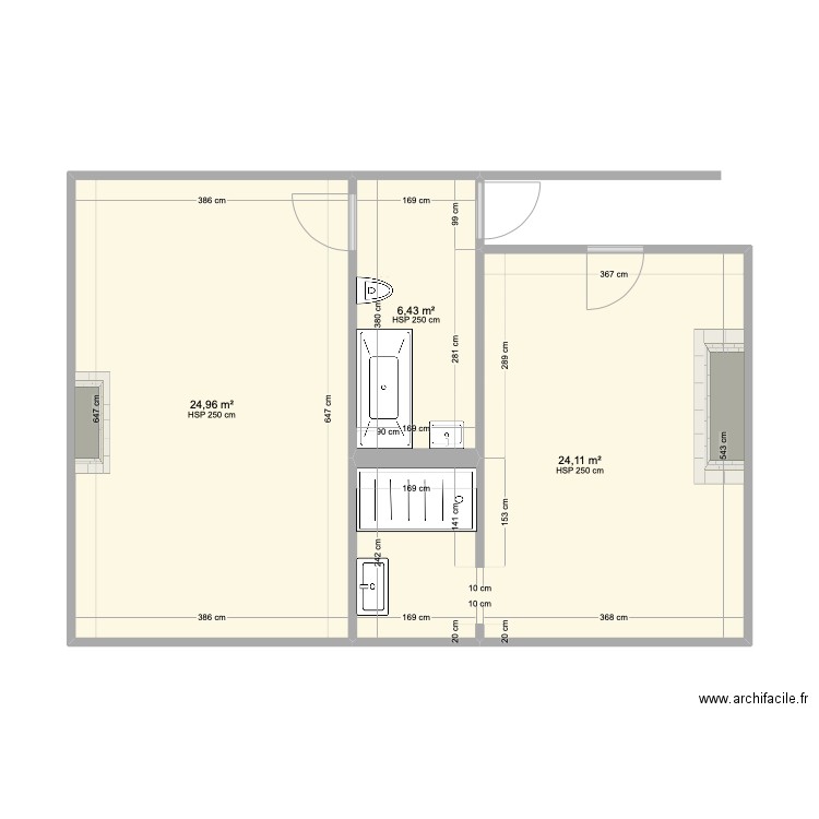 CHAMBRES 2 ET 3 SDB WC projet. Plan de 3 pièces et 56 m2