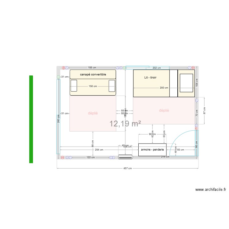 chambre verte déplié n°1. Plan de 1 pièce et 12 m2