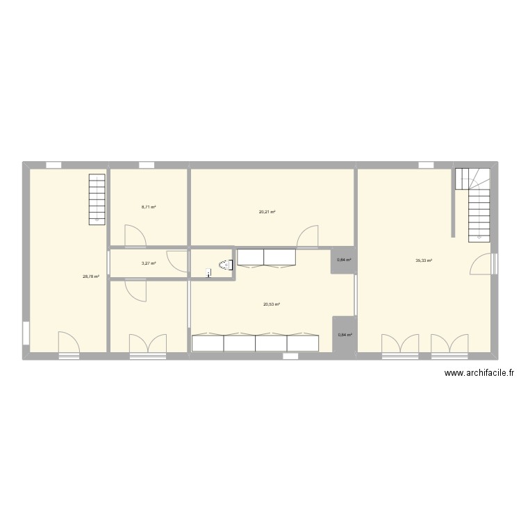 Rez de chaussée actuel. Plan de 8 pièces et 118 m2