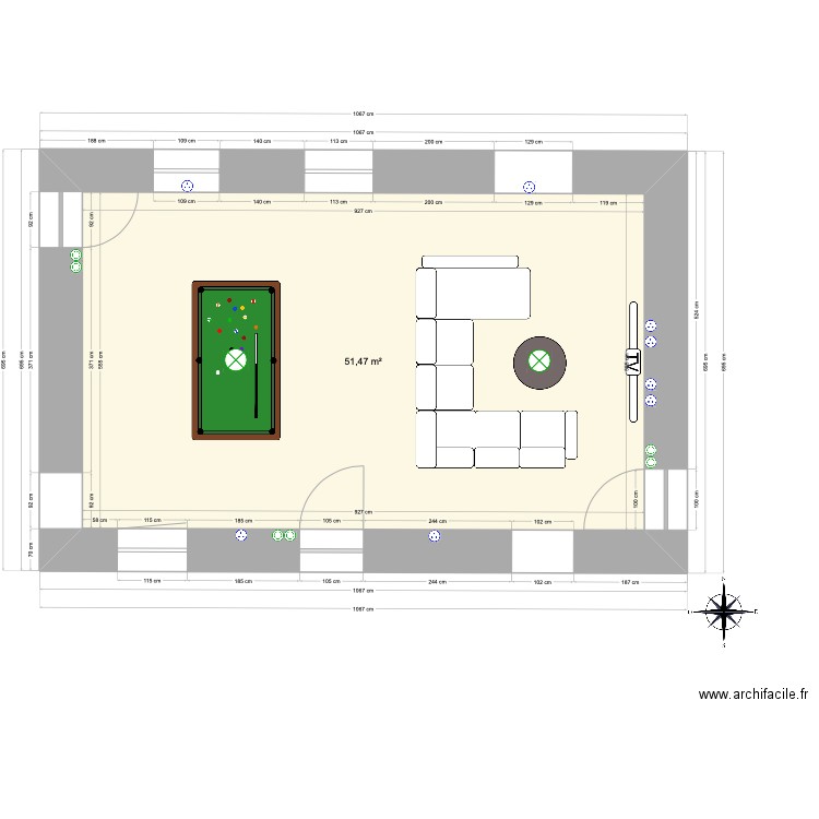 salon/salle de jeux. Plan de 1 pièce et 51 m2