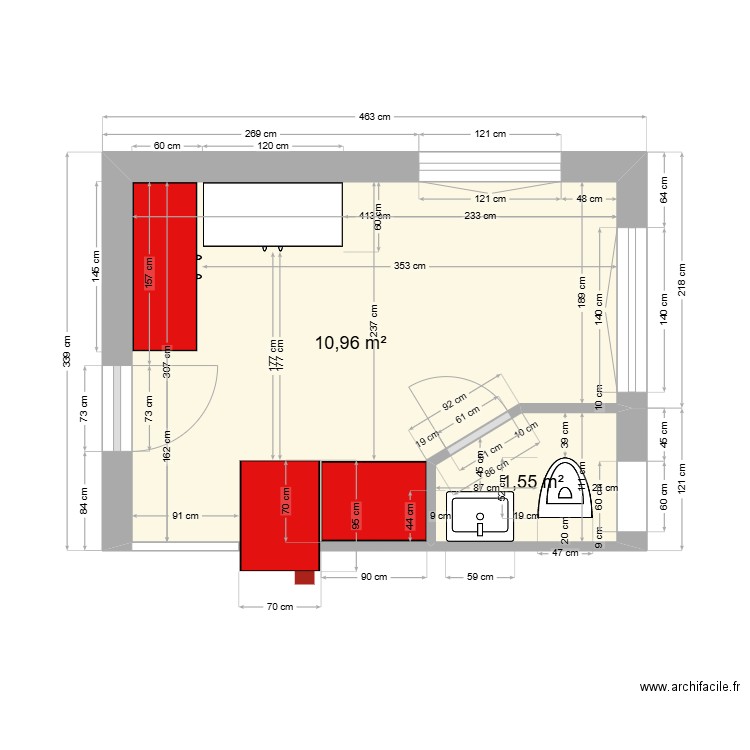 bureau parent. Plan de 2 pièces et 12 m2