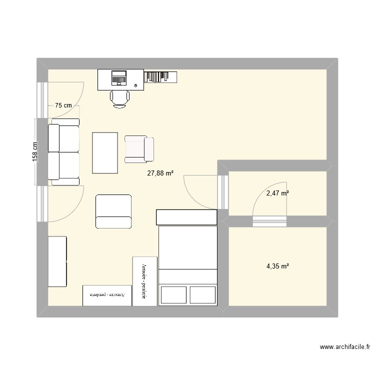 studio. Plan de 3 pièces et 35 m2