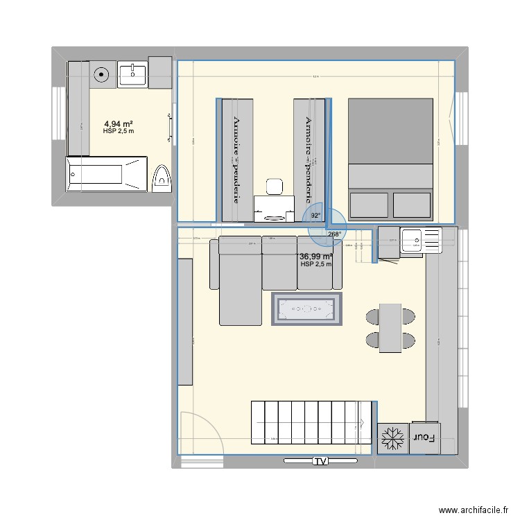 st Ouen V1. Plan de 2 pièces et 42 m2