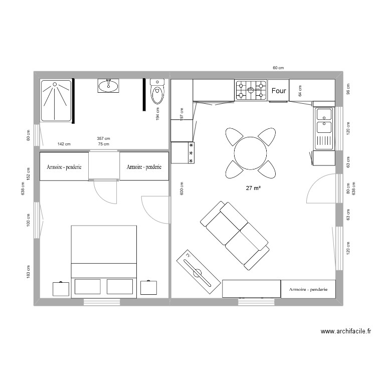 Maison 8 x 6 sans cotation. Plan de 1 pièce et 27 m2