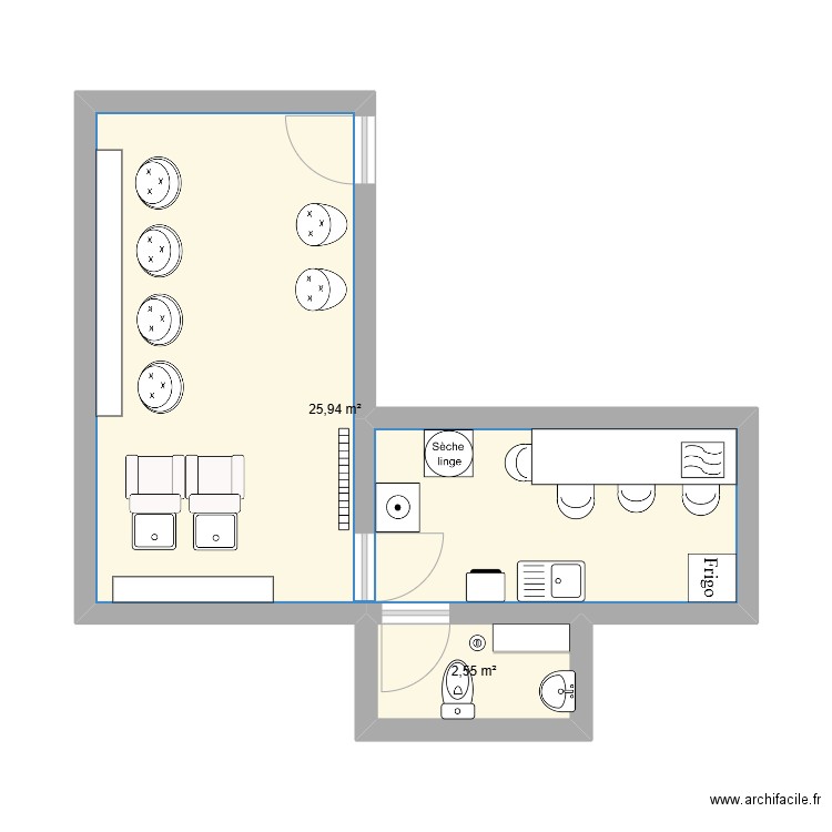 Salon de coiffure. Plan de 2 pièces et 28 m2