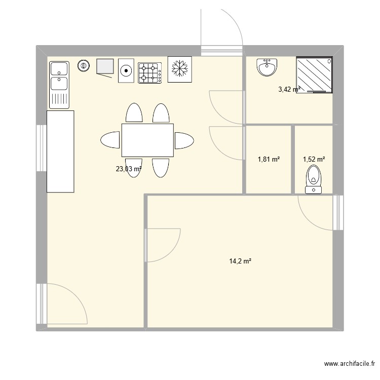 cuisine. Plan de 5 pièces et 44 m2