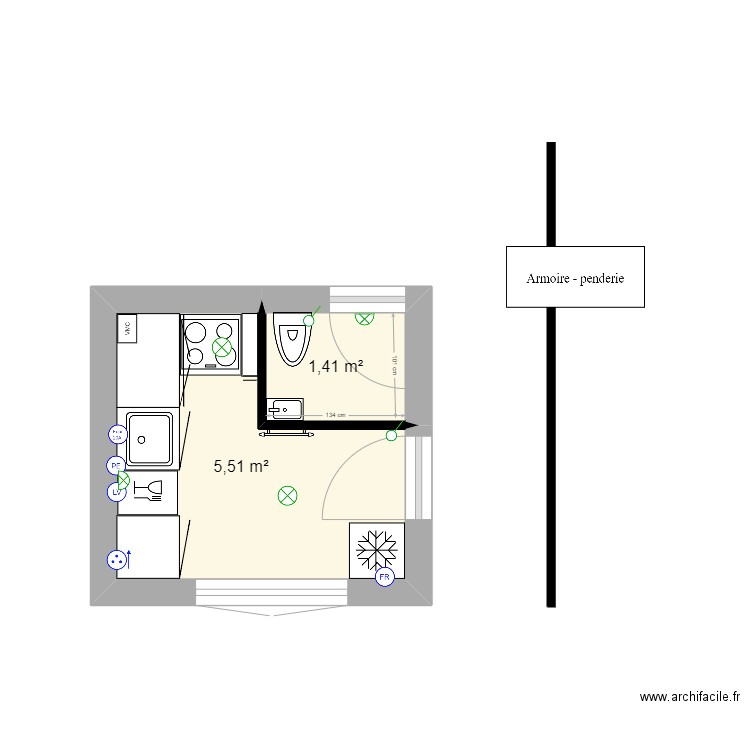 Cuisine temporaire Maison principale. Plan de 2 pièces et 7 m2