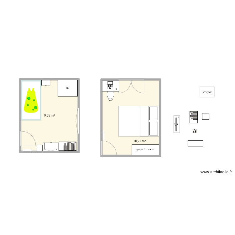 Chambres. Plan de 2 pièces et 20 m2